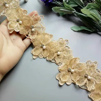 10pcs/daudz Zelta, Pērļu Ziedu Organza Izšūšanas Audums, Mežģīnes Plāksteris Apdares Apģērbu 3D Frēzēšana Ziedu Kāzu Kleitu DIY Aplikācijas 8cm