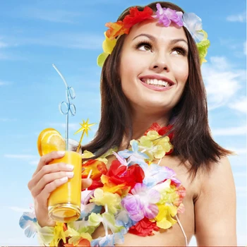10X Havaju Ziedu Leis Vainags Kaklarota Masku Puse Hawaii Beach Party & Brīvdienu DIY Rotājumi