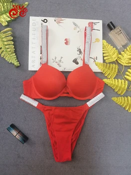 2021New Push Up Sexy Vēstuli Dimanta unUerwear Rhinestone krūšturis uzvalks Bikini Siksna Apakšveļa Sieviešu Regulējams Push Up Krūšturis Uzvalks