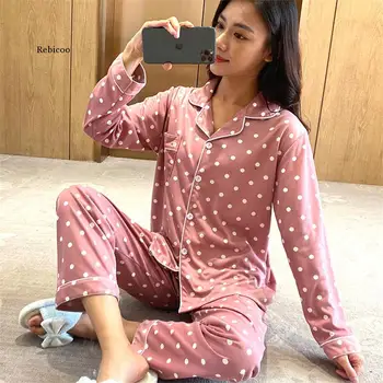 2gab/set Piena Zīda Ilgtermiņa piedurknēm Pidžamu Dot Pyjama Sieviešu Drēbes, Sieviešu Sleepwear Tērpi Meitenēm Gadījuma Nakts Sleepwear Jaunas
