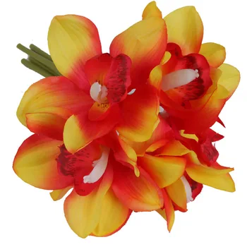 6 Gab., Mākslīgie ziedi, Sarkanā Cymbidium Orhidejas Pušķi, Nekustamo Touch Zieds Dzeltens Mājas Dekori Kāzu Dzīves Telpu Dekorēšana декор