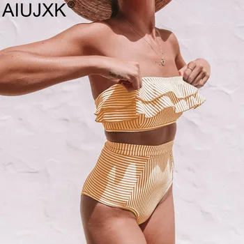 AIUJXK Vasaras Dzeltena, Svītrains Peldkostīms Sievietēm 2019 Jaunas Ielidošanas Sexy Pie Pleca Augsta Vidukļa 2 Gabals, kas Sieviešu Bikini Peldkostīmi