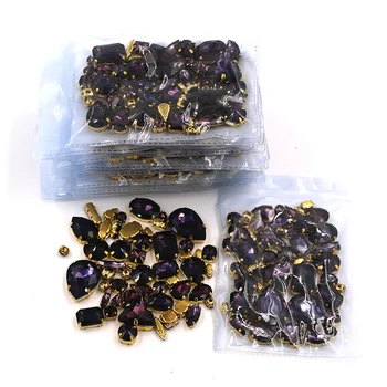 Bezmaksas piegāde Vairumtirdzniecības 5 somas jaukta forma piešūt stikla Deep purple zelta bāzes rhinestones diy kleita/Apģērba piederumi