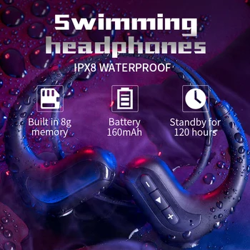Bezvadu austiņas Bluetooth Austiņas, 8GB IPX8 Ūdensizturīgs MP3 Atskaņotājs Peldēšana Daivinga Sporta Austiņas visiem viedtālrunis