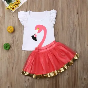 Bērniem, Baby Toddler Meitene Flamingo Drukāt Vestes T-krekls Topi+Tutu Tilla Svārki Tērpiem Uzstādīt Dr2pcs