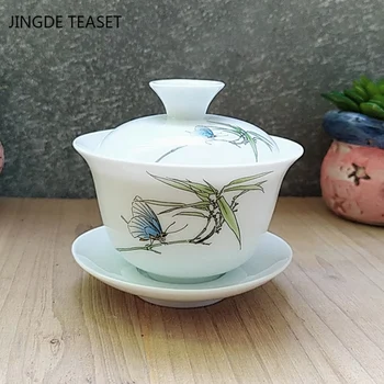 Dehua Keramikas Tējas Gaiwan Teacup Roku darbs Tējas tureen Ķīnas Baltā porcelāna Tējas komplekts Piederumi Tējas Ceremonija Master cup 110ml