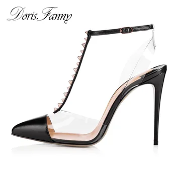 Doris Fanny 2019 augsta papēža sieviešu kurpes sandales Zīmola Dizainere norādīja toe spīguļi, kniedes potītes siksna Puse Kurpes Sieviešu sūkņi