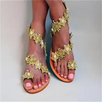 Ir 2021. Jauns Sieviešu Apavu Modes Tendence tīrtoņa Krāsu Tamborētas Mežģīnes Fāzēm Pirksta Gredzenu, Plakana Papēža, Ērts un Elegants Sandales 6KF187