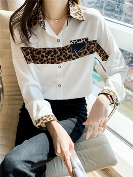 Ir 2021. Rudens Leopards Drukāt Satīna Krekls Sievietēm Līmēšana Garām Piedurknēm Savukārt Apkakle Blūze Korejas Modes Apģērbu Biroja Dāmas
