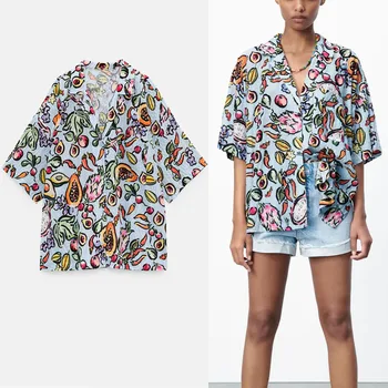 Ir 2021. Za Vintage Print Strukturētu Vasaras Krekls Sievietēm Ar Īsām Piedurknēm Sānu Šķēlumi Hem Top Sieviešu Modes Plāksteris Kabatas Zaudēt Krekli