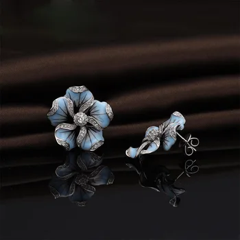 Jaunas Elegantas Dāmas Spīdīgu Zircon Crystal Blue Lotus Tree Auskariem Kāzu Rotaslietas, Dāvanas, Korejas Modes Ziedu Auskari Stud