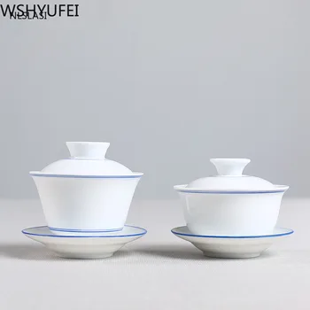 Jingdezhen Sancai Gaiwan Zilā un Baltā Porcelāna Tureen Keramikas Tējas Sietiņš Retro Tējas bļodā Teacup Personas kausa Drinkware