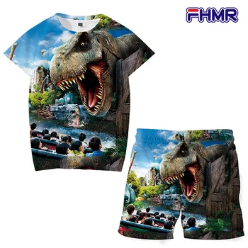 Jurassic Park Bērnu Komplekts Dinozauru Zēnu T Krekls Meitene Vasaras 3d Multiplikācijas filmu Poliestera Bērniem Tshirts+bikses 2 Gab Modes Tērps