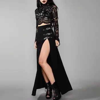 KARSTĀ PĀRDOŠANAS!!! Gothic Sieviešu Vienkrāsainu Ilgi Sānu Spraugas, Augsts Viduklis, Potītes Garuma Svārki Streetwear