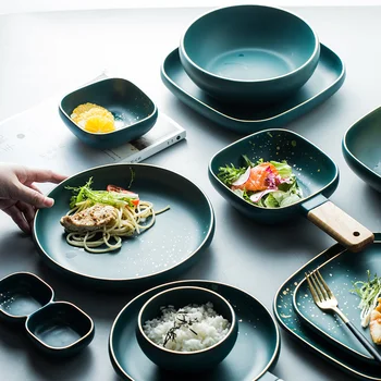 Luksusa Retro Zaļā Vakariņas Plāksnes Uzstādīt Vakariņas Marmora Glazūras Keramikas Puse Galda Piederumu Komplekti Virtuves Ēdieni, Zupas Bļoda Kausa Dinnerware
