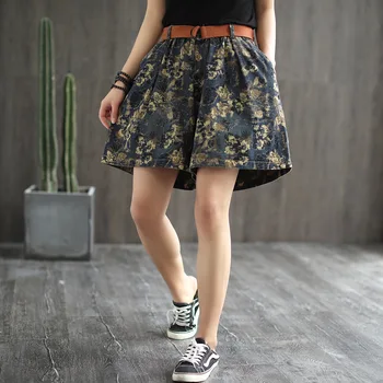 Modes Gadījuma Retro Art Bikses Sievietēm, Elastīga, Augsta Vidukļa Streetwear Ziedu Drukāt Plaša Kāju Džinsa Bikses Muje