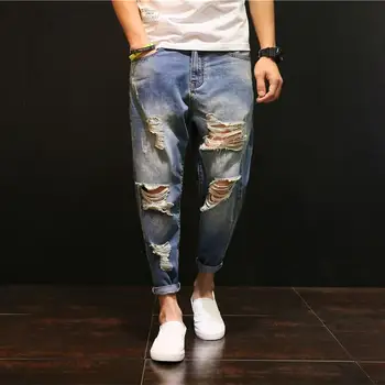 Modes Pria Celana Panjang Jeans Denim Sobek Longgar Lurus Lidot Dengan Resleting