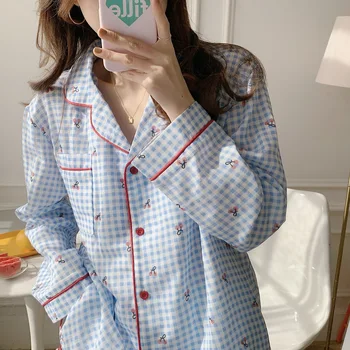 Pavasara rudens sleepwear sieviešu pidžamas komplekts ar garām piedurknēm pleds krekls, bikses 2 gabals, kas homewear ķiršu izdrukāt mājās clithes Y378