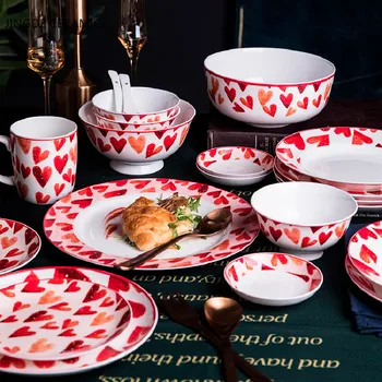 Radošā kaulu ķīna mīlestību sarkanā insulta keramikas plāksnes Rietumu steika salāti, deserts kūka suši mājas virtuve uzglabāšanas dekoratīvās plāksnes