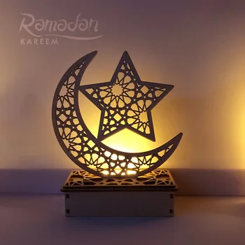 Ramadāna Eid Mubarak Koka DIY Mēness LED Sveces Spuldzes Gaismas Koka Plāksne Karājas Kulons Islāmu Musulmaņu Dāvanu Mājas Rotājumi