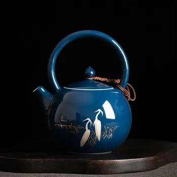 Retro stila Krāsu glazūra baltā gārņa Zilā Porcelāna tējkanna 230ml Keramikas tējas katlā, Tradicionālā ķīniešu tējas komplekts