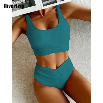 Rivertrip Push Up Bikini Ir 2021. Seksīgi Peldkostīmi Sieviešu Peldkostīms Ar Augstu Vidukļa Peldkostīmu Ruched Beachwear Cietā Bikini, Vasaras, Jaunas