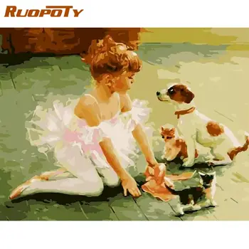 RUOPOTY Eļļas Glezna, Ko Numuri Komplekti Pieaugušajiem Bērniem Maza Meitene Un Suns Attēls Attēlu Skaits 40x50cm Ierāmētas Uz Audekla Kuģiem