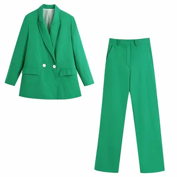 Sieviešu Ikdienas Zaļā Žakete, Vaļīga Komplekti 2021. Gada Pavasarī Vinatge Uzvalki, Garas Bikses, Dāmām Lielgabarīta Streetwear Uzvalks