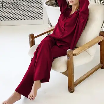 Sieviešu Naktsveļu Sieviešu Sleepwear Satīna Pidžamas Komplekti ZANZEA ir 2021. Modes Blūze Un Elsas Sleepwear Gadījuma 2 Gabals Komplekti Homewear