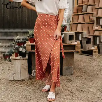 Sieviešu Svārki Celmia Vasaras Modes Polka Dot Wrap Svārki ar Augstu Jostas Pārsējs Maxi Gari Svārki Gadījuma Asimetriski Dalīts svārki