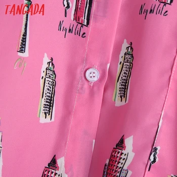 Tangada Sievietes Ir 2021. Modes Rozā Iespiesti Mājīgu Blūzes Vintage garām Piedurknēm Pogas-uz augšu Sieviešu Krekli Blusas Šiks Topi BE409
