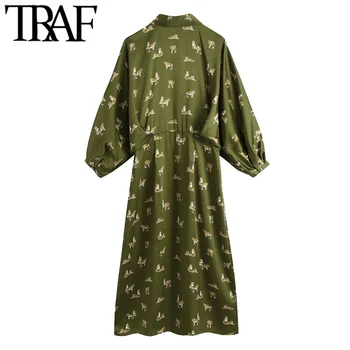 TRAF Sieviešu Šiks Modes Dzīvnieku Print Midi Krekls, Kleita Vintage Laternu Piedurknēm Pogas-uz augšu, Sieviešu Kleitas Vestidos Mujer