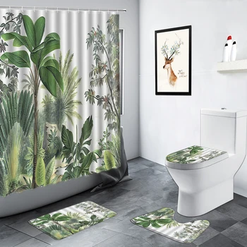 Tropu Augu Dušas Aizkari Zaļo Džungļu Ainava Modelis Vannas istaba Dekoru Kopa ar neslīdošu Paklāju Tualetes Vāka Flaneļa Paklāju Vannas Paklājiņš
