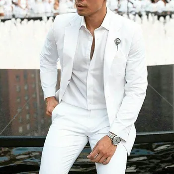 Vasarā Pludmale Balts Līgavainis Tuxedos Slim Fit Kāzu Tērpi Balli 2 Gabali, Žakete ar Biksēm Vīriešu Modes Tērpu Jaunāko Stils