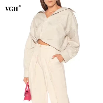 VGH Asimetrisks Ruched Hm, Krekls Sievietēm Atloks ar garām Piedurknēm Gadījuma Balta, Īsa Blūze Sieviešu 2020 Rudens Modes Jauns Apģērbu