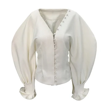 VGH Vintage Balts Krekls Sieviešu V Kakla Puff garām Piedurknēm Cietā Eleganta Tunika Blūze Sieviešu Modes Jauns Apģērbu 2021. Gada Pavasarī