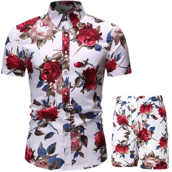 Vīriešu Vasaras Gadījuma Ziedu Lapu Drukāts Komplekts Havaju Brīvdienu Pludmales Tērpiem Liels, Īsām Piedurknēm, Pogu Uz Leju Krekli Aukliņu Bikses