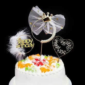 Zelta Akrila Spalvu Pērļu Vainags Cupcake Toppers DIY Happy Birthday Cake Topper Kāzu Bērniem Dzimšanas dienas ballīti Kūka Apdare