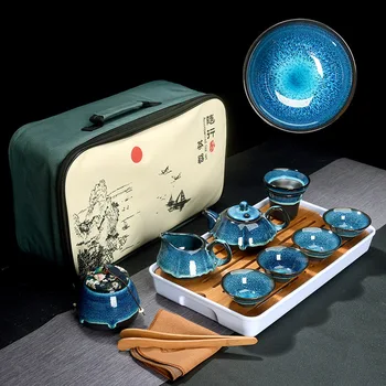 Ķīnas Tējas Komplekts Blue Amber Glazūru Keramikas Jingdezhen Temmoku Glazūru Izsmalcinātu Uzstādīt Kung Fu Tējas Tase Portatīvo Tējkanna Gaiwan Tējas Tases