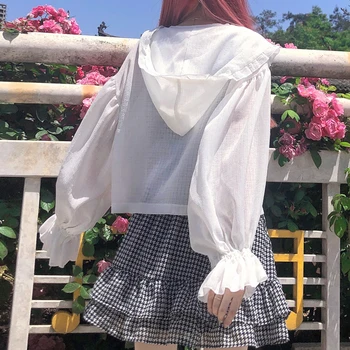 Japāņu Salds Vasaras Ražas Top 2021 Jauno Modes Meitenēm Savirmot Kapuci Šifona Saules Aizsardzības Krekls Gudrs Garām Piedurknēm Blūze Sievietēm